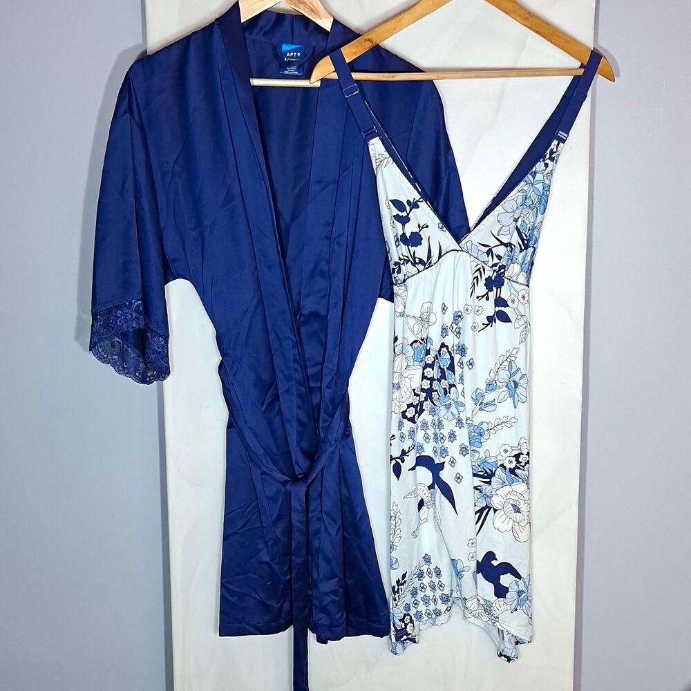 2pc Blue Floral Nightgown Robe Set S Satin Lace Coquette Romantic Cottagecore